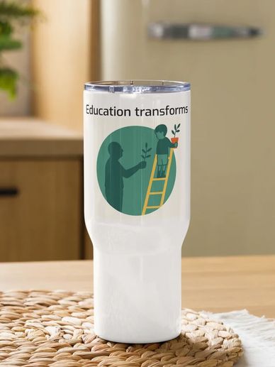 A white tumbler with 'Education transforms' and an illustration of a child and adult planting.