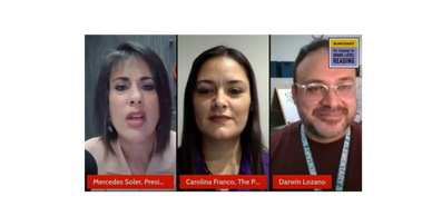 Three professionals in a virtual panel discussion with name tags and titles.