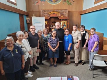 (left to right) Socorro, Bernadette, Maria, Jim,Toni, Candi Carolyn Fr. Chris, Liz, Ben, Sr. Pa