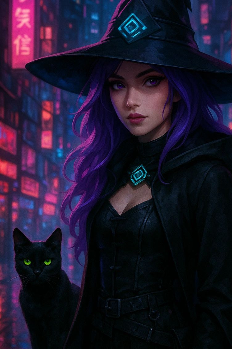 A witch with purple hair and a black cat in a neon-lit city street.