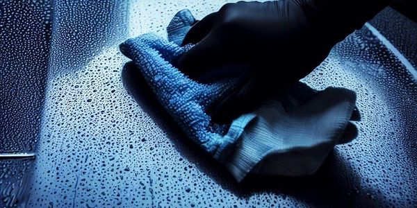 Waterless carwash of blue car with droplets on it being rubbed with microfiber towel