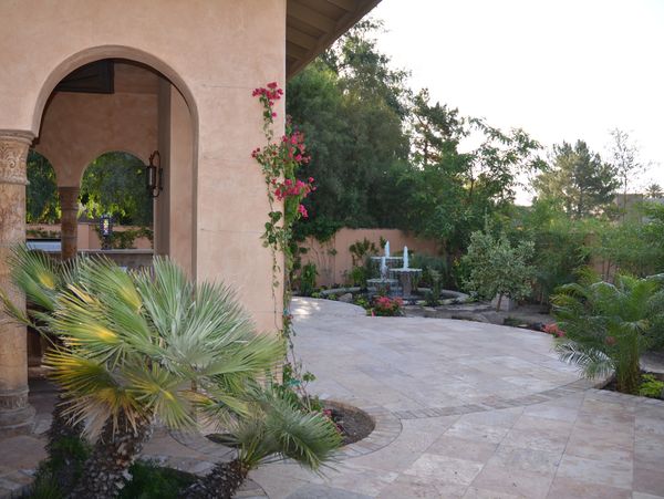 Travertine, patio pavers, natural stone, mediterranean landscaping, fountains