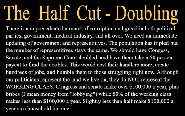 Text discussing corruption and greed in politics and proposing doubling Congress and Senate members.