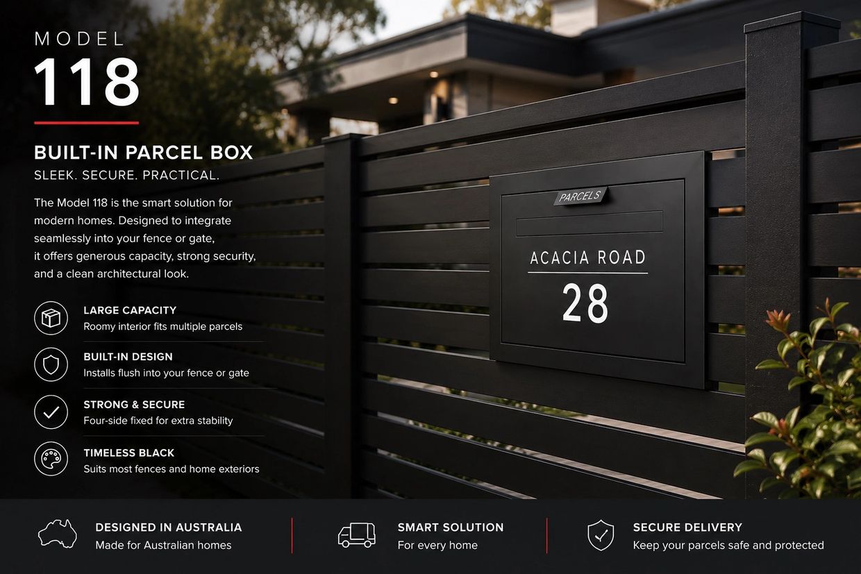 Model 118 built-in parcel box integrates seamlessly with fences for secure, large-capacity parcel storage.