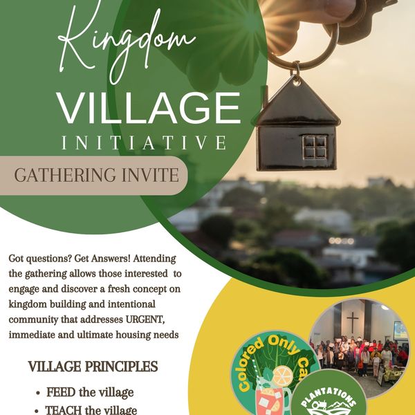 Invitation to the Kingdom Village Initiative gathering for community building and housing solutions.