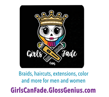 Colorful skull with crown and hair styling tools, with text 'Girls can Fade'.