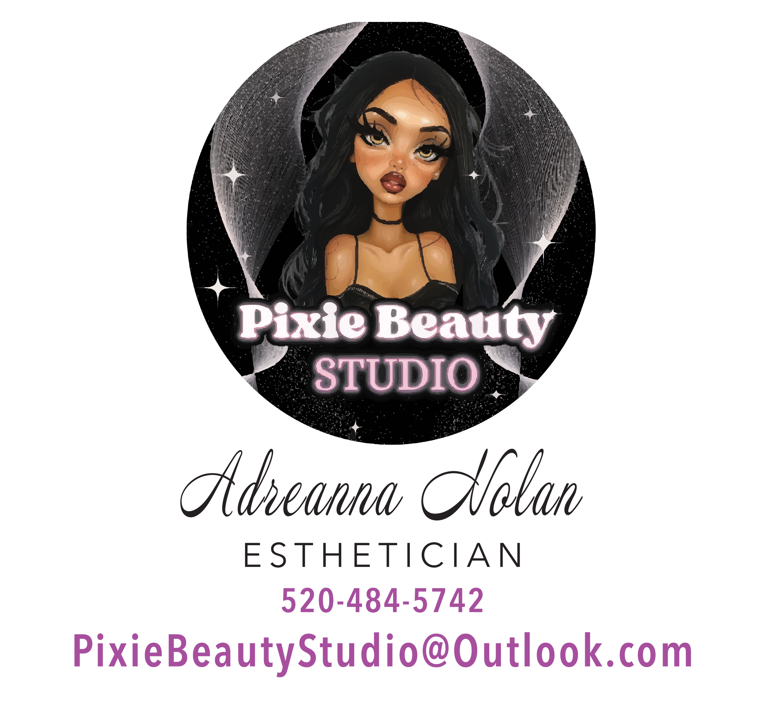 Logo for Pixie Beauty Studio featuring an illustrated woman and business details.