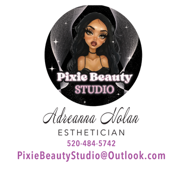 Logo for Pixie Beauty Studio featuring an illustrated woman and business details.