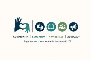 Symbols representing community, education, awareness, and advocacy for inclusivity.