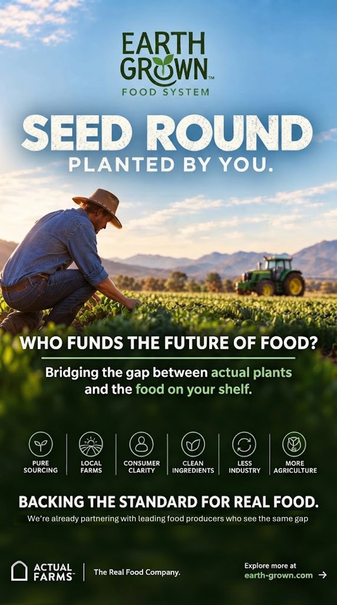 A farmer tending crops under a clear sky with a tractor and food sustainability message.