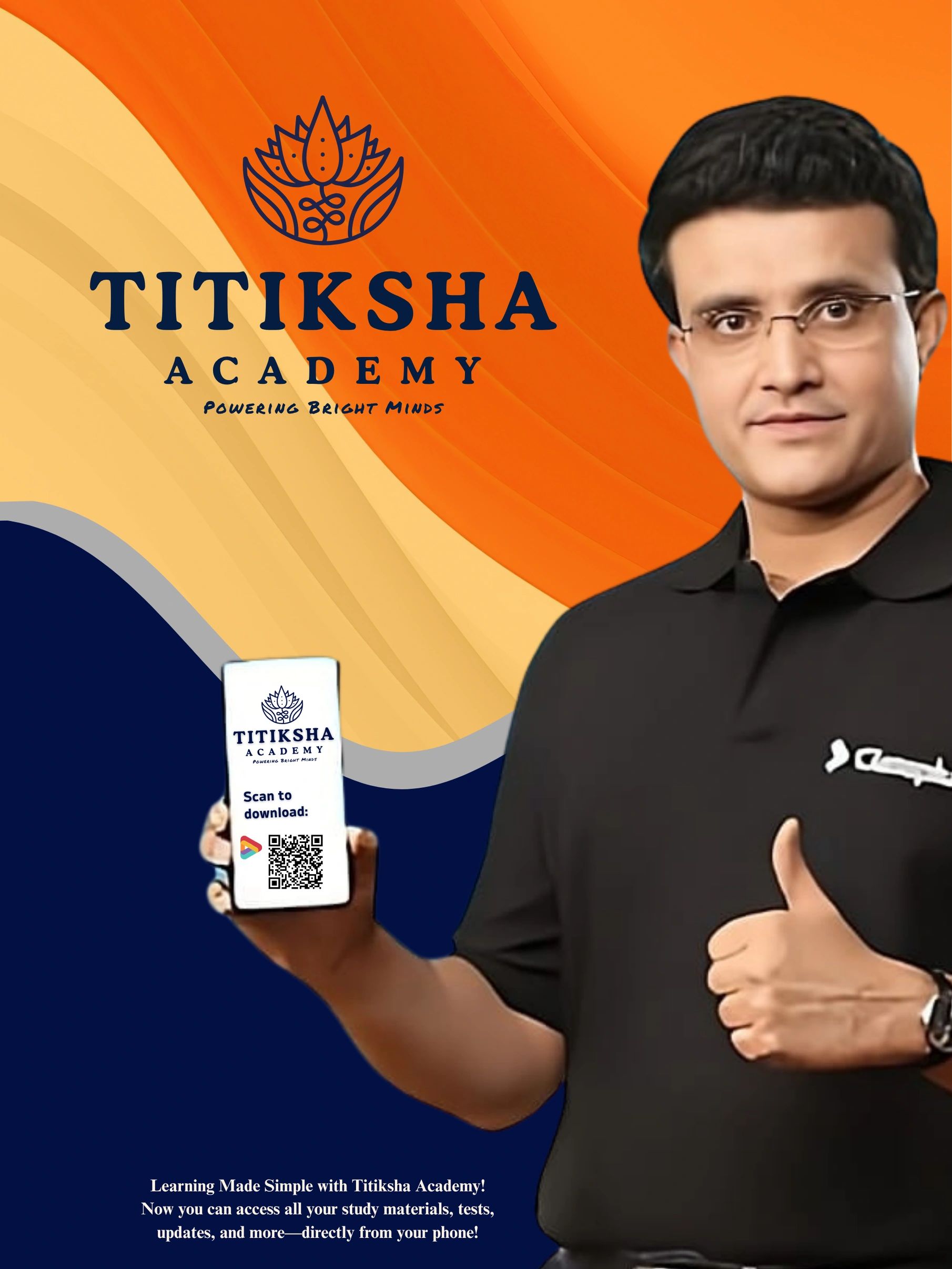 Man promoting Titiksha Academy app with a thumbs up and QR code for download.