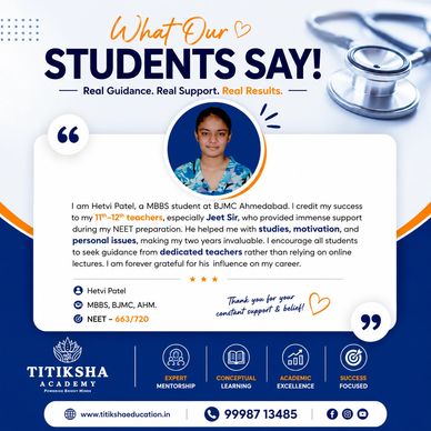 Student testimonial praising dedicated teachers and personalized NEET preparation at Titiksha Academy.