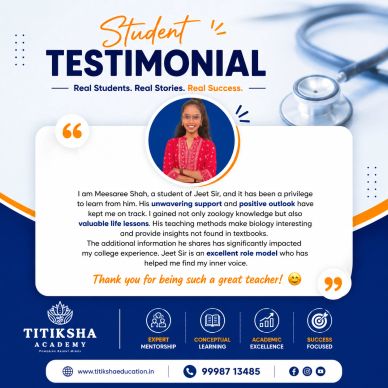 Student testimonial praising Jeet Sir's mentorship and teaching at Titiksha Academy.