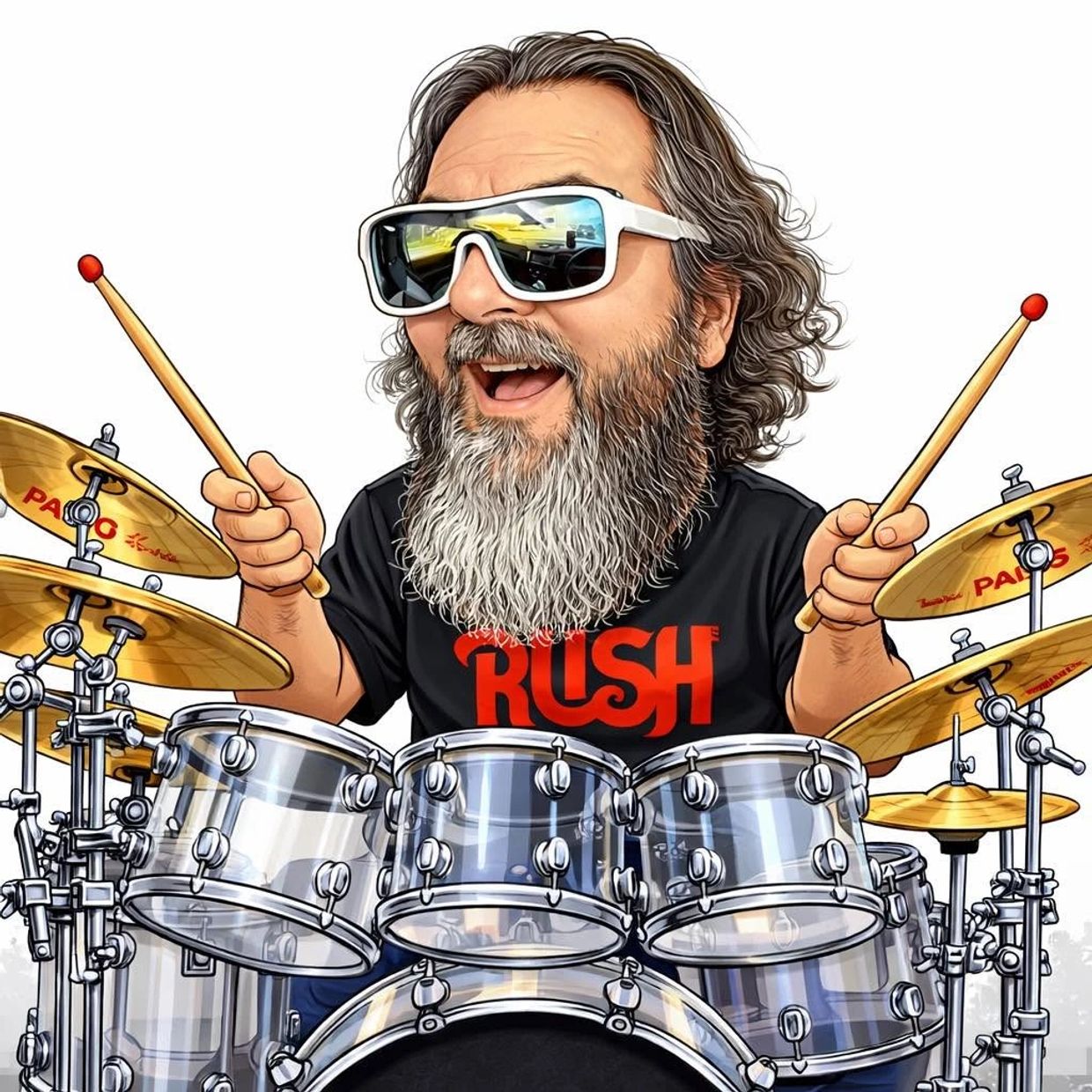 Caricature of a bearded drummer wearing sunglasses playing drums.