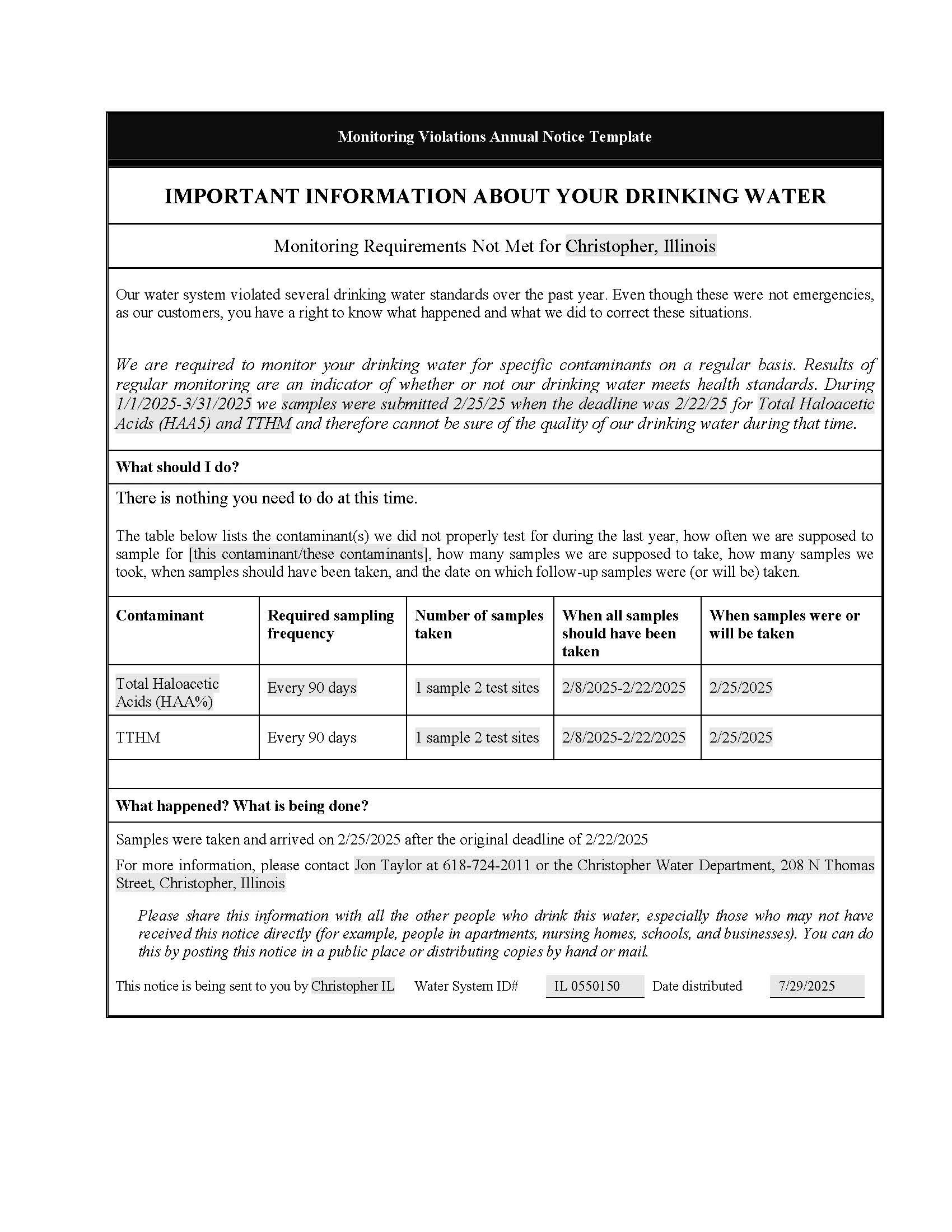 Notice about drinking water monitoring violations in Christopher, Illinois, with delayed sample submissions.
