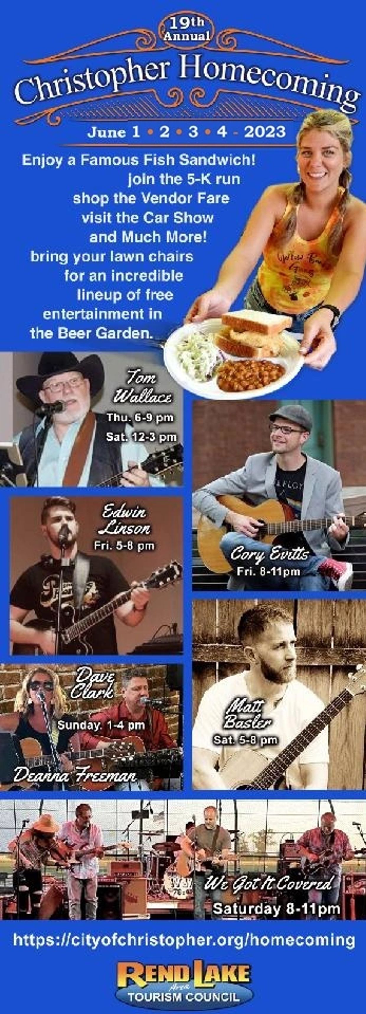 19th Annual Christopher Homecoming event with food, music, and activities from June 1-4, 2023.