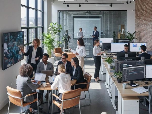 Modern office with teams collaborating on projects using laptops and digital screens.