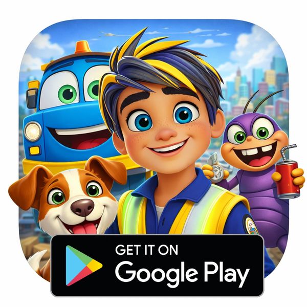 Colorful animated characters promoting a game on Google Play.