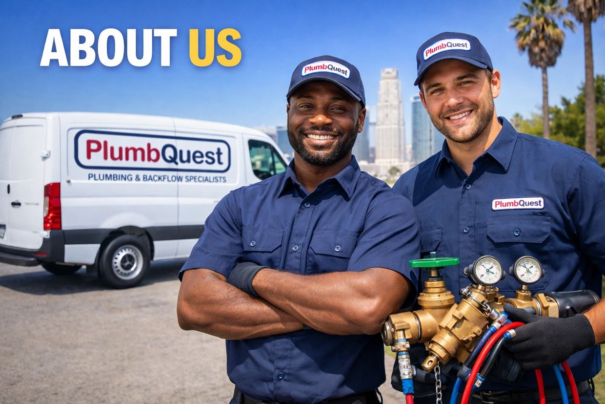 Licensed PlumbQuest technician performing  backflow inspection at a Los Angeles property