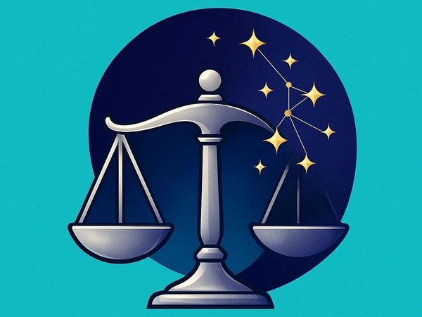A silver Libra scale with the Pleiades constellation stars on a blue background, the brightest being Alcíone.