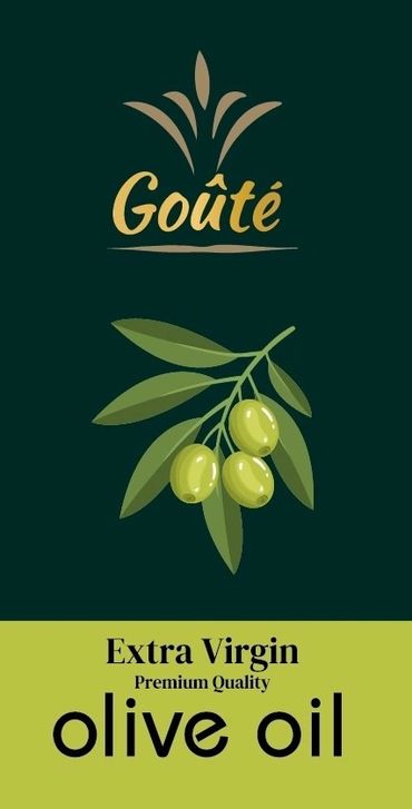 Elegant olive oil label with green olives and gold text on dark background.