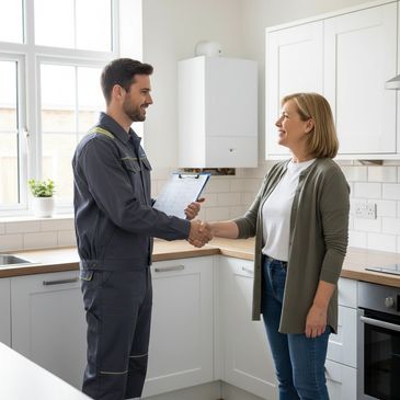 Happy customer shaking hands with a gas engineer who has fitted new boiler in her kitchen