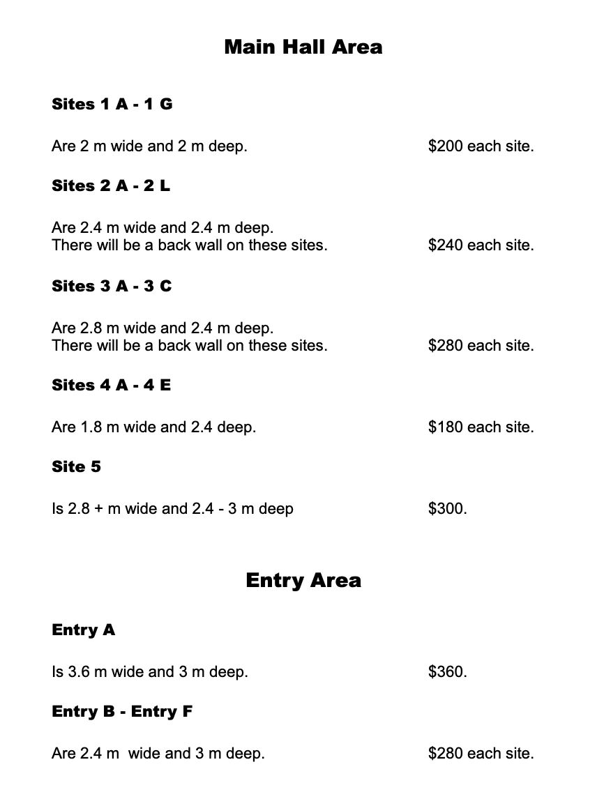 Pricing details for various sites in Main Hall and Entry Area with measurements.