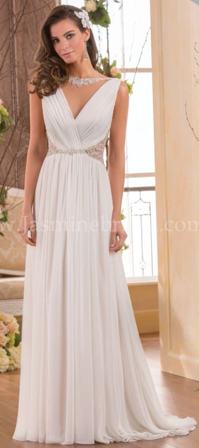 Elegant white sleeveless wedding dress with intricate waist details.