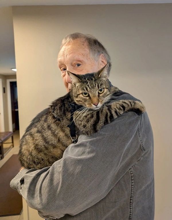 Man holding a tabby cat in his arms.