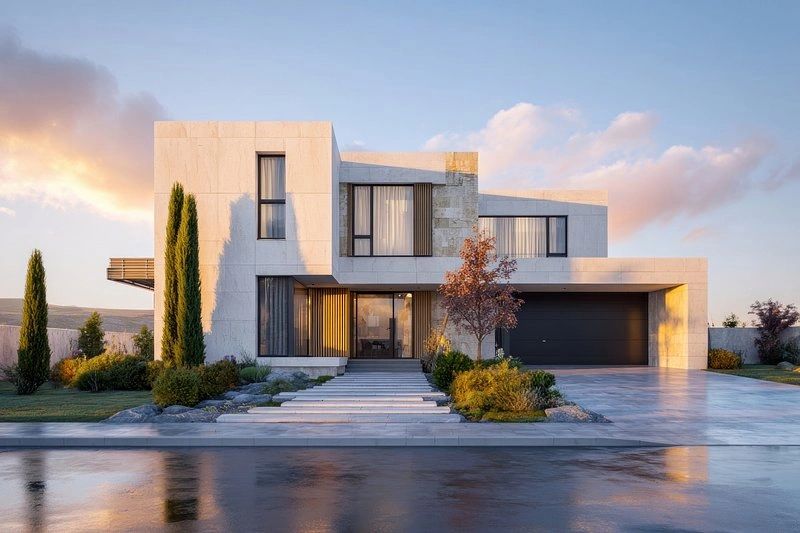 Idaho home with custom window treatments at dusk