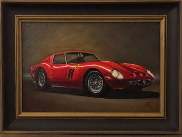 Oil painting of a classic red sports car in a gold frame.