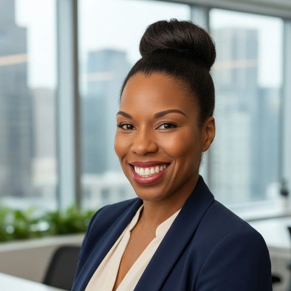 Professional woman smiling confidently in an office setting.