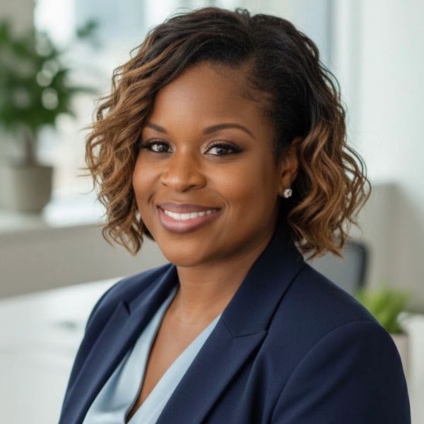Professional woman with curly hair smiling in office attire.
