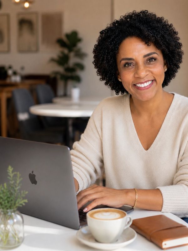 Mujer sonriente trabajando en laptop con café.