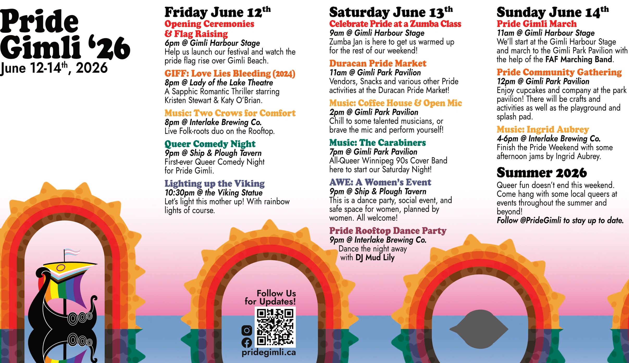 Pride Gimli 2026 event schedule from June 12-14 with ceremonies, music, comedy, markets, and community gatherings.