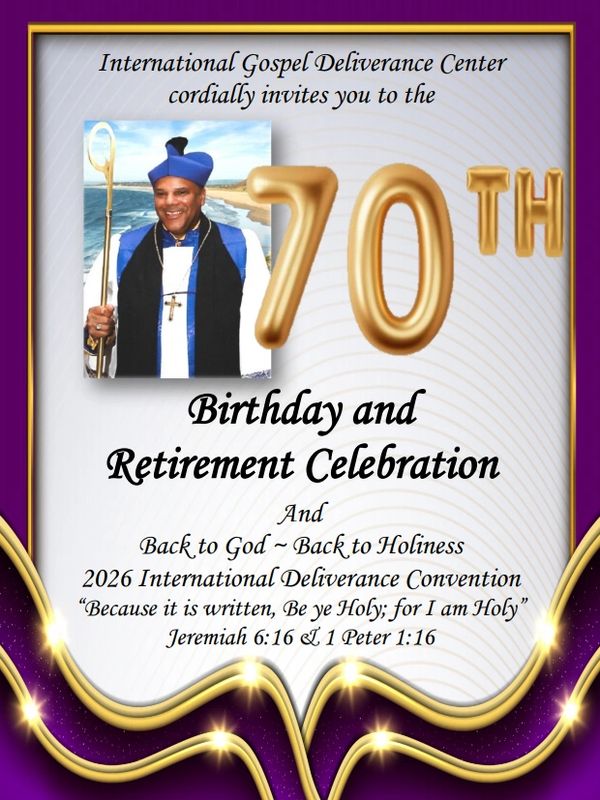 Flyer for the 2026 International Deliverance Convention & 70th Birthday/Retirement Dinner Cruise