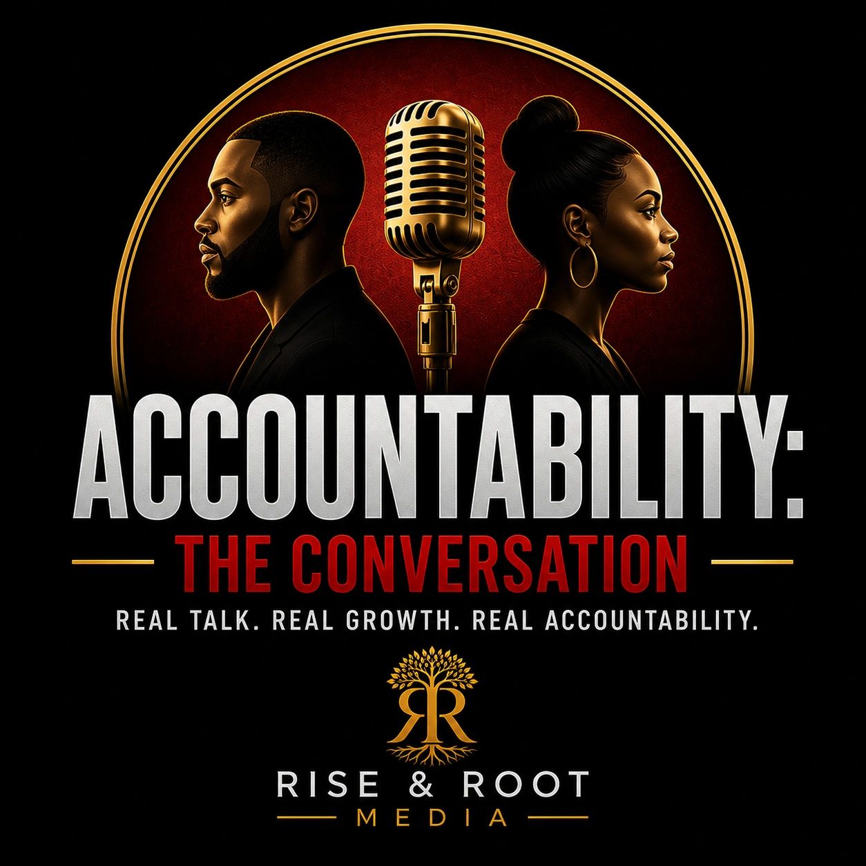 Podcast cover featuring two people and a vintage microphone.