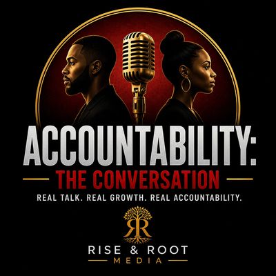 Podcast cover featuring two people and a vintage microphone titled 'Accountability: The Conversation.'
