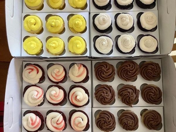 Lemon Cupcakes, Root beer cupcakes, Red Velvet cupcakes, and chocolate cupcakes 