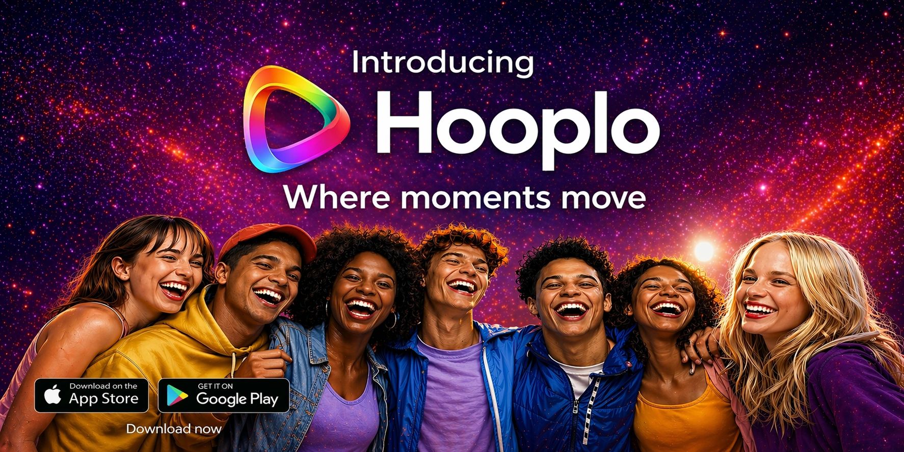 Happy diverse group smiling under a cosmic background for Hooplo app launch.
