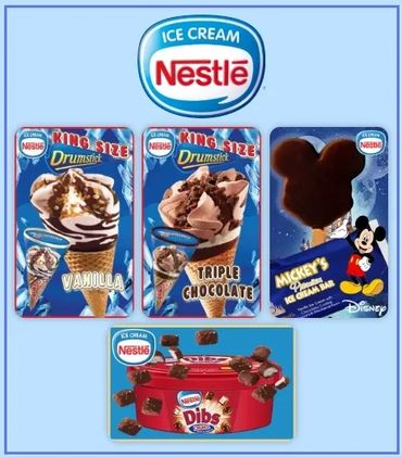 Nestlé ice cream varieties including Drumstick and Mickey's Ice Cream Bar.