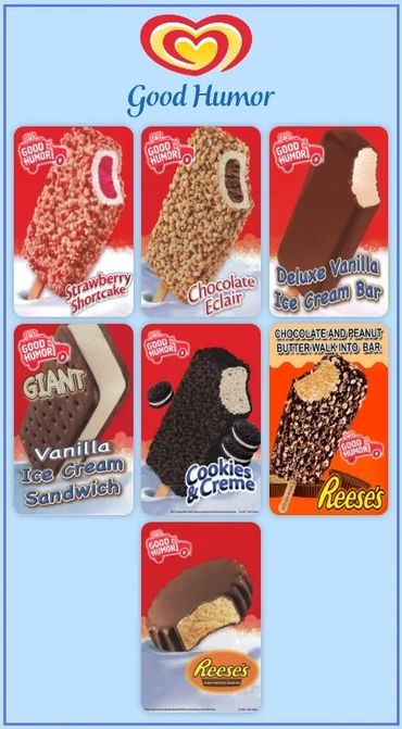 Good Humor ice cream treats including Strawberry Shortcake, Chocolate Eclair, and Reese's.