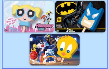 Three cartoon-themed Blue Bunny ice cream bars featuring Powerpuff Girls, Batman, and Space Jam characters.