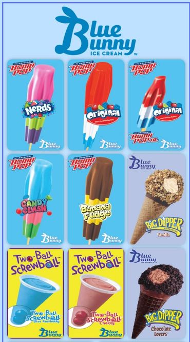 Blue Bunny ice cream variety featuring Bomb Pop, Big Dipper, and Two-Ball Screwball.