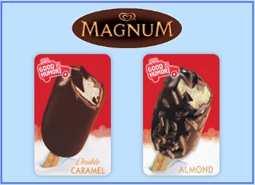 Two Good Humor Magnum ice cream bars: Double Caramel and Almond flavors.