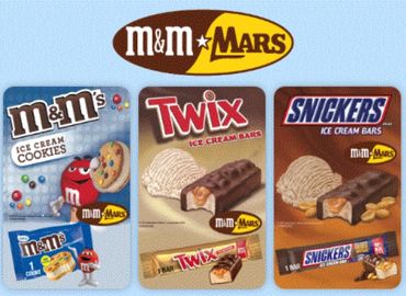 M&M's, Twix, and Snickers ice cream bars advertised by Mars.