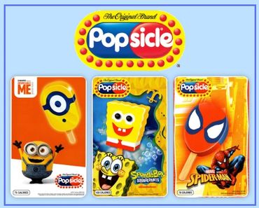 Three themed Popsicle ice cream bars featuring Despicable Me, SpongeBob SquarePants, and Spider-Man.