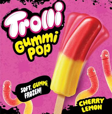 Trolli Gummi Pop cherry lemon flavored frozen gummy on a stick.