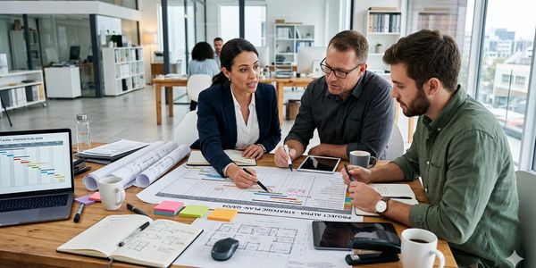 Three professionals collaborating on a project plan in a modern office.
