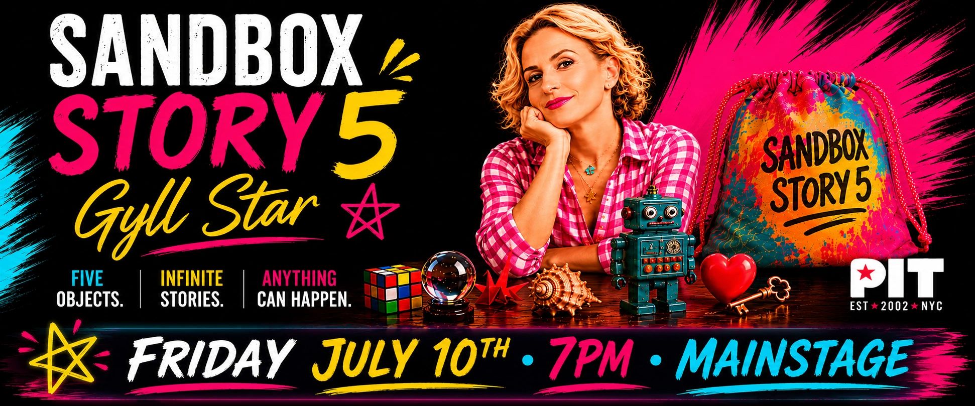 Colorful event poster for Sandbox Story 5 by Gyll Star on July 10th at 7PM.
